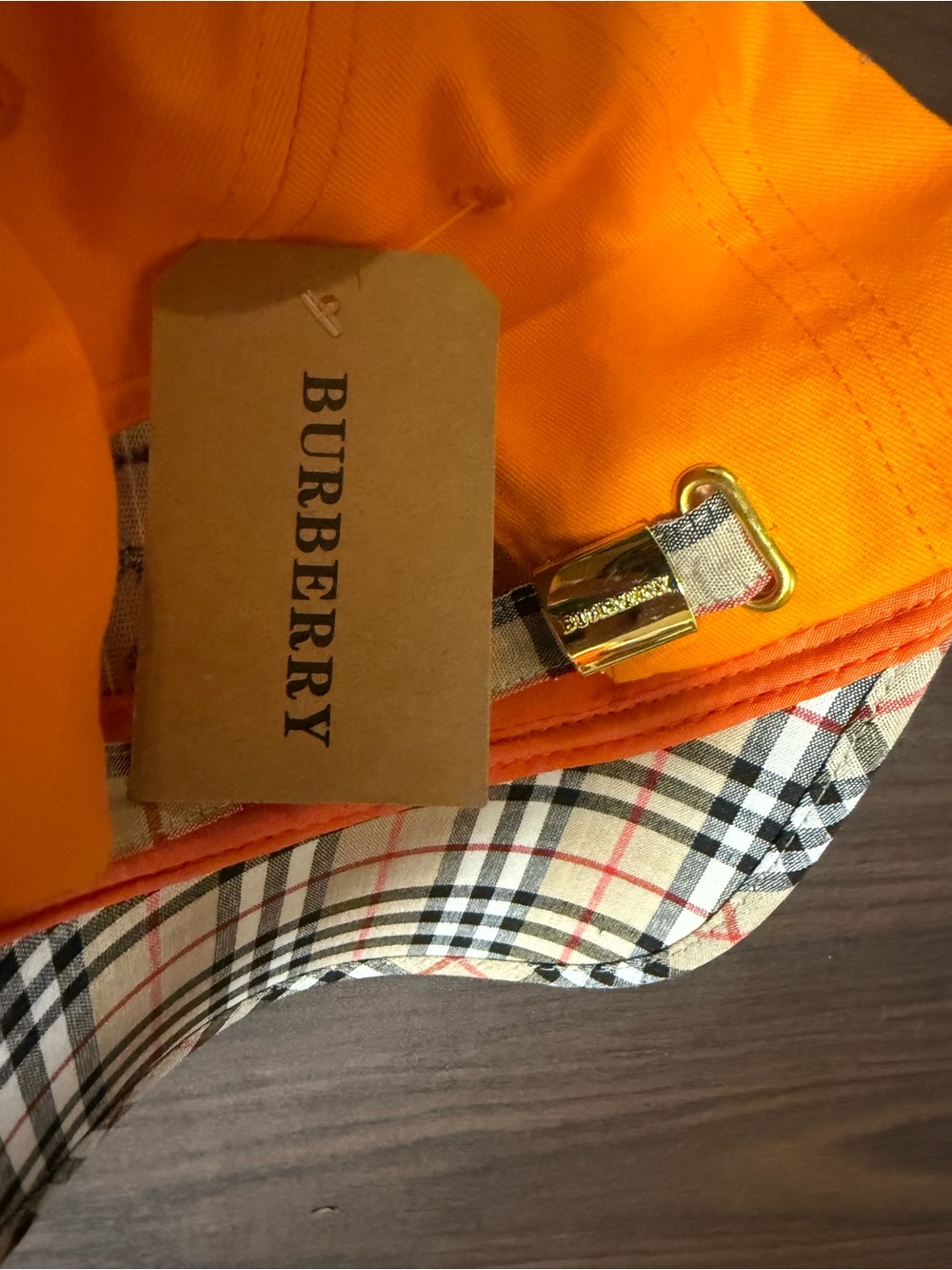 Burberry Orange Plaid-Trim Baseball Cap with Gold Buckle - Picture 3 of 4